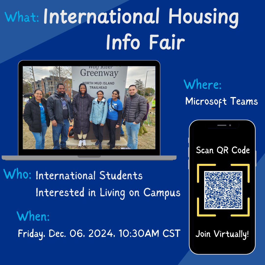 If you are an international student interested in living on campus, this virtual session is for you! Join us on Friday, December 06 at 10:30am CST to learn more about the on-campus experience, housing application, move-in and more! Visit memphis.edu/reslife/intern… for more details!