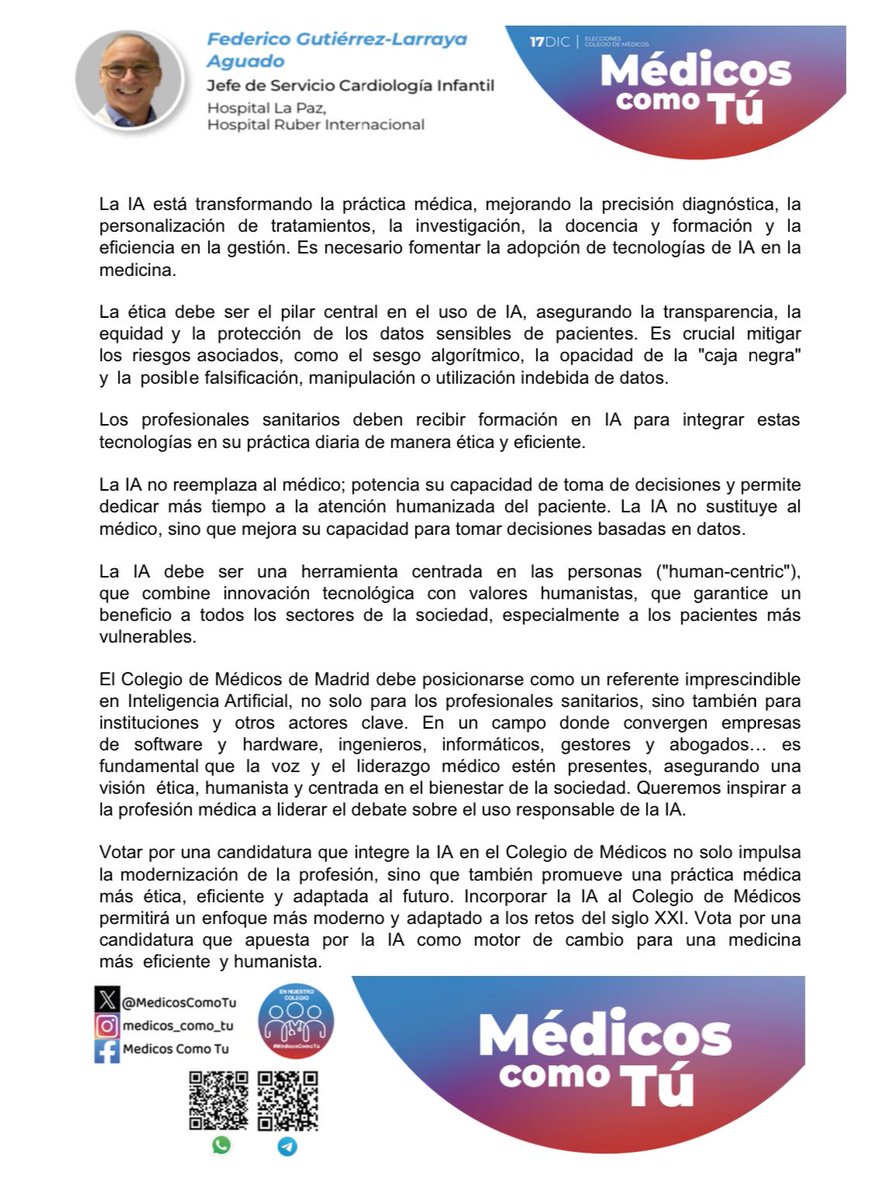 Os invitamos a leer y compartir las  reflexiones del Dr. Gutiérrez-Larraya, de #MedicosComoTu, en cuanto a la IA aplicada a la Medicina

Más información en medicoscomotu.com
 
Somos la única candidatura libre de intereses políticos y sindicales  

Recuerda que el 17 de