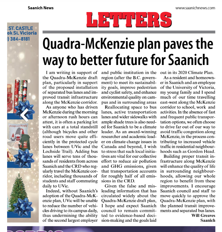 Great letter to editor by <a href="/WillWJGreaves/">Will Greaves</a>  in #Saanich News! "Reallocating space to bus lanes, active transportation lanes, and wider  sidewalks with ample shade trees is also needed for Saanich to be a  climate leader." saanichnews.com/opinion/letter… #yyj #yyjpoli #UVic