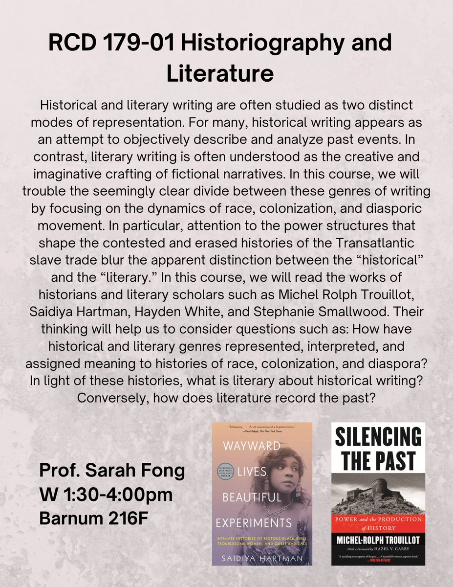 TuftsRCD's tweet photo. Spring 2025 Courses-Still Open! RCD 179-01 Historiography and Literature ~ Prof. Sarah Fong | W 1:30-4:00pm https://t.co/3ACV3EO9qO
