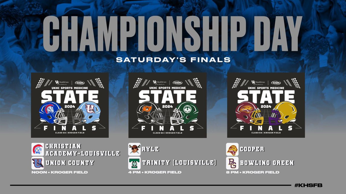 🏆 It’s Championship Week! 🏆

The stage is set for an unforgettable weekend at Kroger Field, with Kentucky’s best teams battling it out for glory in the UKHC Sports Medicine State Finals. Here’s your ultimate championship schedule:

Friday’s Finals:
•Class 1A: Raceland 🆚 Sayre