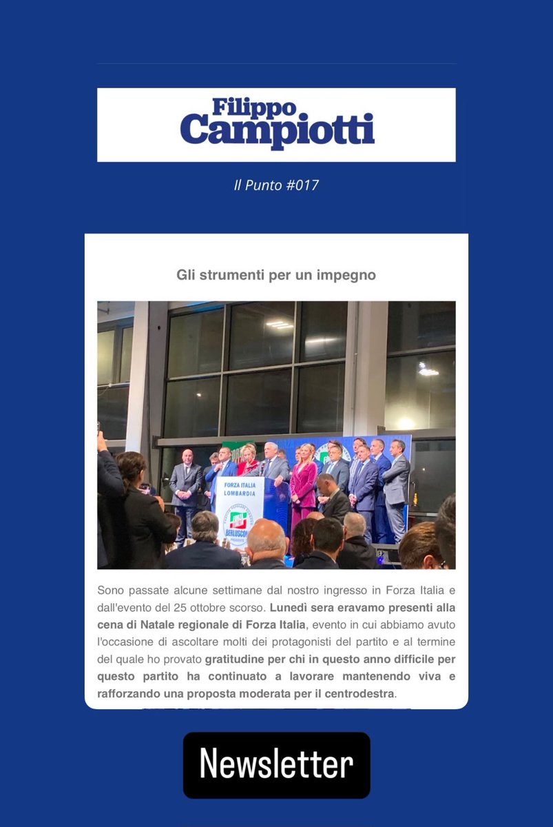 Sono passate alcune settimane dal nostro ingresso in Forza Italia e si stanno delineando gli strumenti per proseguire con un impegno politico. Ne parlo nella newsletter di oggi: mailchi.mp/cee97406b647/n…

Per la bacheca whatsapp di aggiornamenti: chat.whatsapp.com/IXzJIx3h5FRGzA…