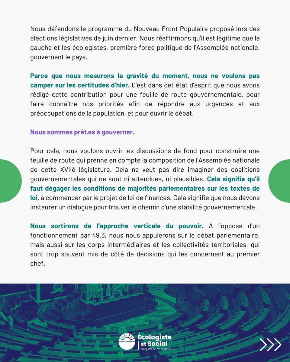 Gpe_EcoloSocial's tweet photo. 📢 Après la censure du gouvernement Barnier, nous sommes prêt·es à gouverner.

En ce sens, nous présentons 11 mesures prioritaires pour réparer la France et enclencher la transition écologique.

La France a besoin d'un nouveau cap qui réponde aux urgences sociales, climatiques et démocratiques.

🔽 Découvrez notre vision