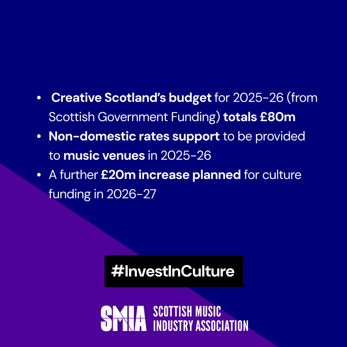 Scottish Music Industry Association (@thesmia) on Twitter photo Today, <a href="/scotgov/">Scottish Government</a> have announced their draft budget for 2025-26.
We welcome the commitments made to #InvestInCulture + look forward to more detail on what this additional investment will mean for those working across the sector.
Ahead of our full statement, read more below👇 Today, <a href="/scotgov/">Scottish Government</a> have announced their draft budget for 2025-26.
We welcome the commitments made to #InvestInCulture + look forward to more detail on what this additional investment will mean for those working across the sector.
Ahead of our full statement, read more below👇