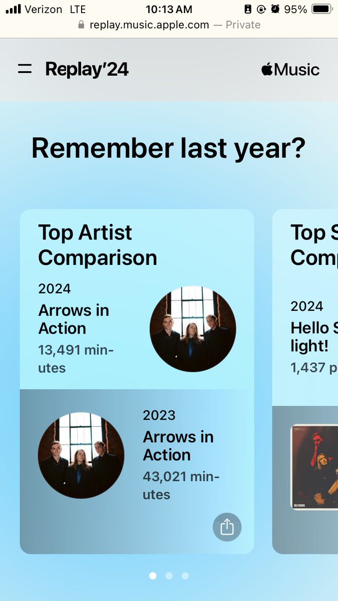 Jllopez458's tweet photo. Apple Music Replay seems WAY OFF this year. My song stats app does not match up with it…. Math ain’t mathing. @ArrowsInAction  is still number one 🤷‍♀️ https://t.co/wmwq0zkOj2
