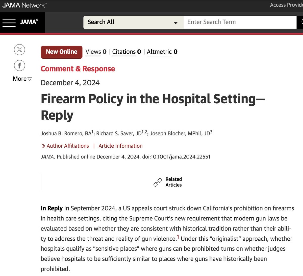 Joshua (Josh) Romero (@jbromero98) on Twitter photo Excited to share a new publication continuing our discussion on firearms regulation in hospitals stemming from previous work with co-authors Richard Saver (<a href="/unc_law/">UNC School of Law</a>) (<a href="/UNC_SOM/">UNC School of Medicine</a>), Joseph Blocher (<a href="/DukeLaw/">Duke Law</a>) (<a href="/DukeFirearmsLaw/">Duke Center for Firearms Law</a>), and Daniel Aaron (<a href="/MedlawDan/">Daniel G. Aaron, MD, JD</a>) (<a href="/sjquinney/">Utah Law</a>) Excited to share a new publication continuing our discussion on firearms regulation in hospitals stemming from previous work with co-authors Richard Saver (<a href="/unc_law/">UNC School of Law</a>) (<a href="/UNC_SOM/">UNC School of Medicine</a>), Joseph Blocher (<a href="/DukeLaw/">Duke Law</a>) (<a href="/DukeFirearmsLaw/">Duke Center for Firearms Law</a>), and Daniel Aaron (<a href="/MedlawDan/">Daniel G. Aaron, MD, JD</a>) (<a href="/sjquinney/">Utah Law</a>)