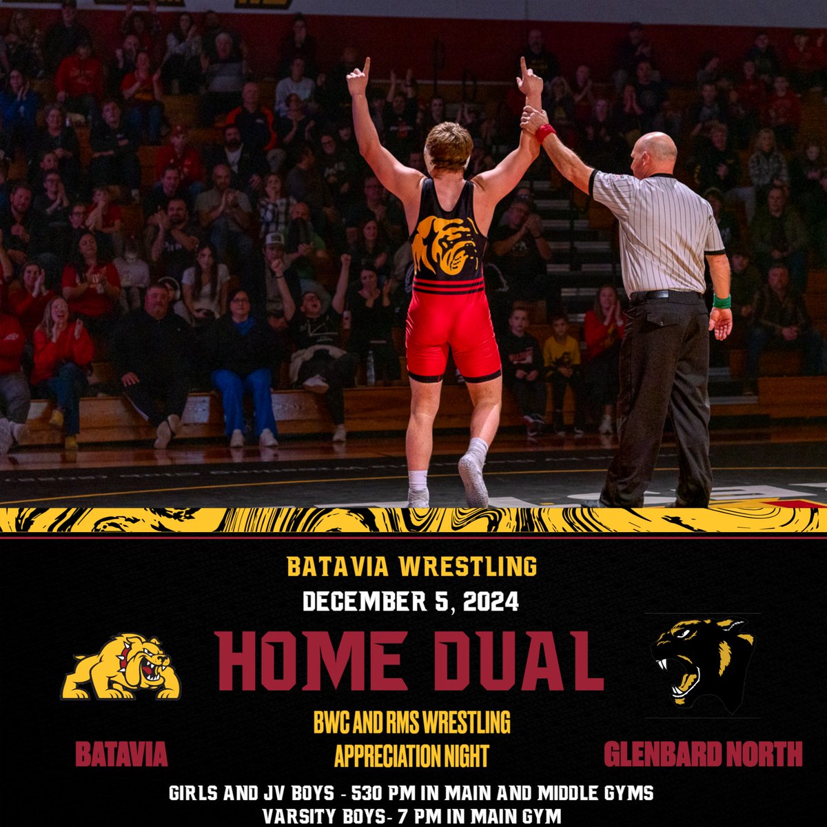 We are taking on Glenbard North in our home gym tomorrow for Batavia Wrestling Club and Rotolo MS appreciation night! RMS/BWC Wrestlers get in free-- make sure to wear Batavia Wrestling Gear! Girls Varsity and boys lower levels start at 5:30 with Boys Varsity starting at 7:00 PM.