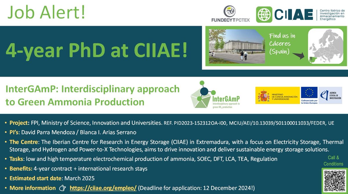 We are hiring a talented and motivated #PhD researcher to join #CIIAE in the beautiful city #UnescoHeritage of #Cáceres. Are you passionate about #interdisciplinary research for #greenammonia? Apply for a 4-year PhD fellowship: 
lnkd.in/dGZHte_9

Deadline: 12 December!