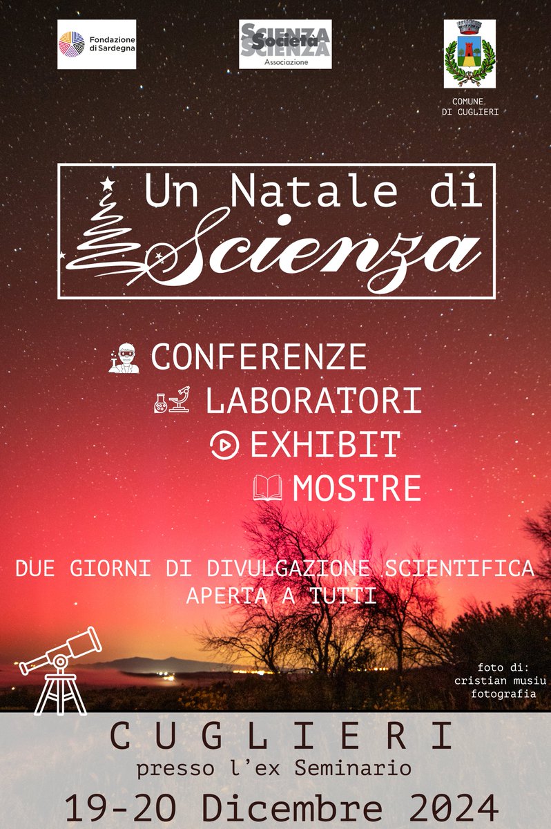 🎄Il 19 e il 20 dicembre si svolgerà, presso l'ex seminario, Un Natale di Scienza a Cuglieri, vi aspetta un programma ricco di Conferenze, Laboratori, Exhibit e Mostre!
A breve sarà disponibile il programma completo!
#natale #cuglieri #scienza #divulgazionescientifica