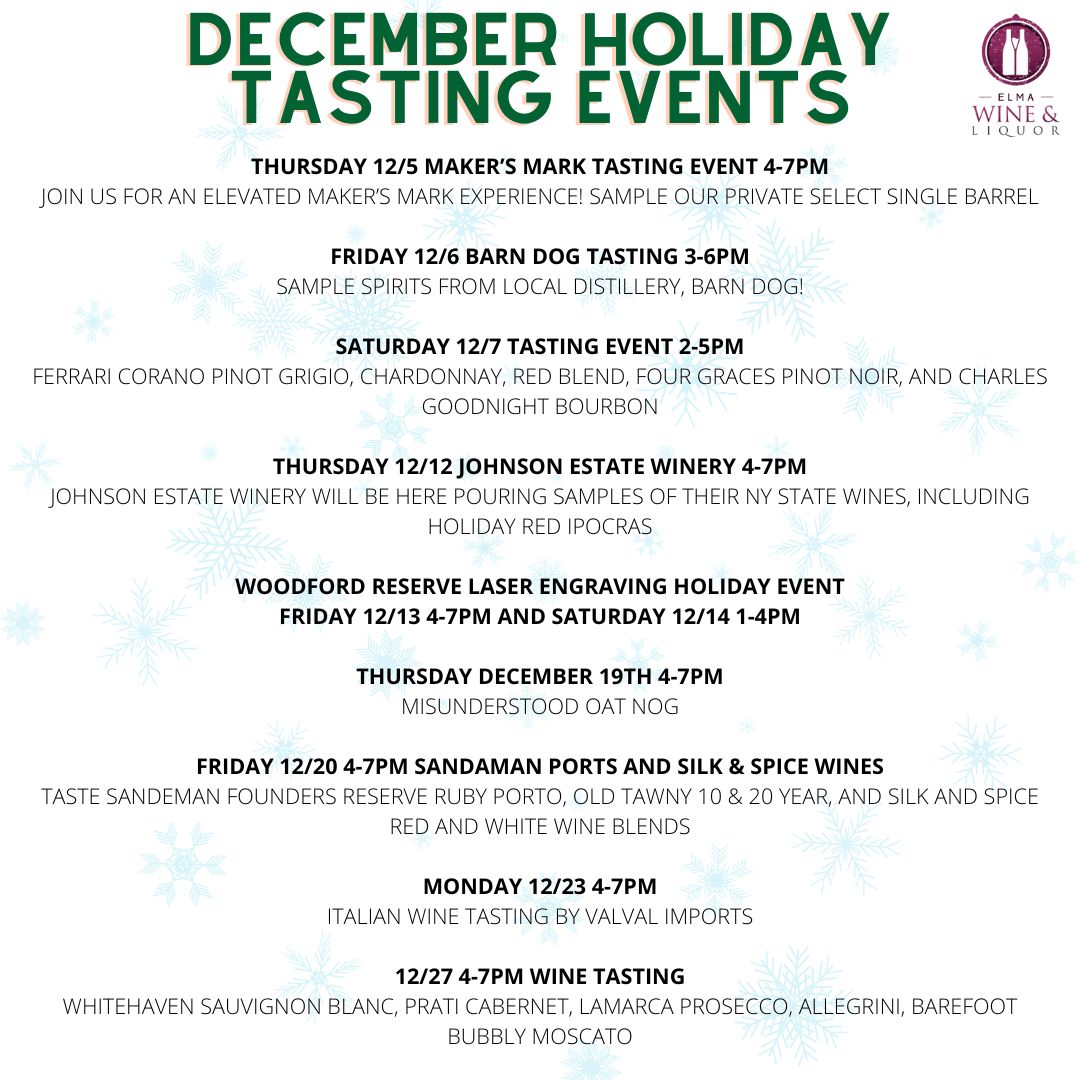 ElmaLiquor's tweet image. 🎄Mark your calendars!🗓️ We have loads of festive events scheduled throughout December! We can’t wait to have you join us!🥂🥂🥂Keep an eye on our Facebook events page for more additions🍷

#elmaliquor #winelife #tastingevents #festivefun
