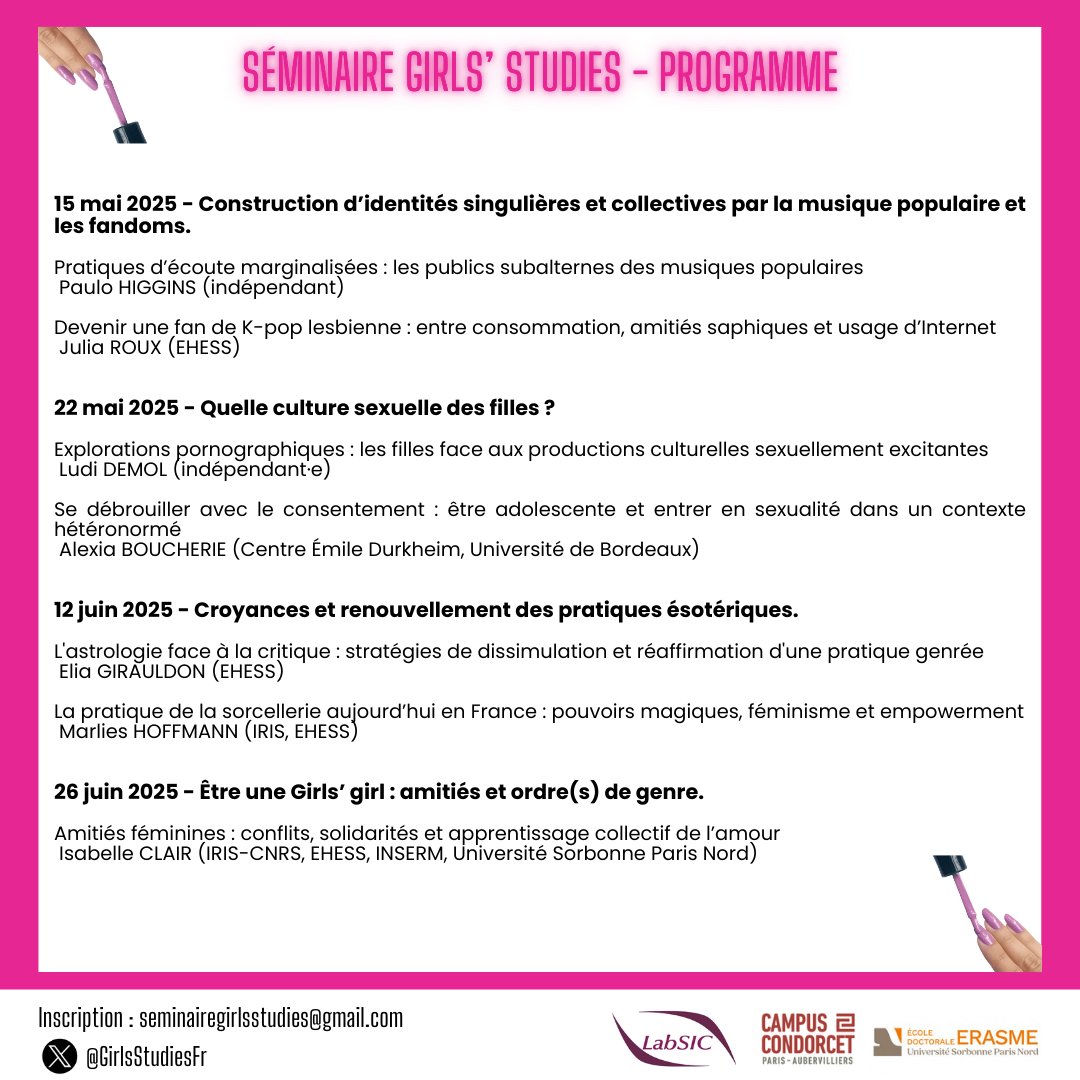 GirlsStudiesFr's tweet photo. L’équipe du séminaire de Girls' Studies "Its so confusing sometimes to be a girl : cultures et subjectivités des filles" a le plaisir d'annoncer une série de séances thématiques pour le second semestre 2024-2025.
Ci-dessous : le programme et l’argumentaire du séminaire ✨ https://t.co/MkQEX8zaxq