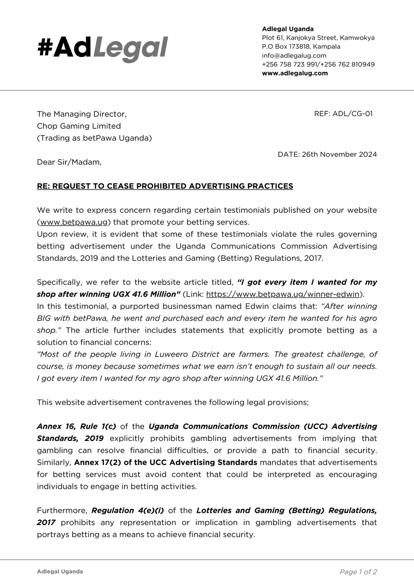 AdLegalug's tweet photo. Brand Compliance Appreciation:
@betPawaUG leads by example, revising their advertising strategies to meet regulatory requirements.
This followed our complaint to them, to which they responded positively, demonstrating their true culture of integrity in betting advertising. https://t.co/JSuKE0CuB3