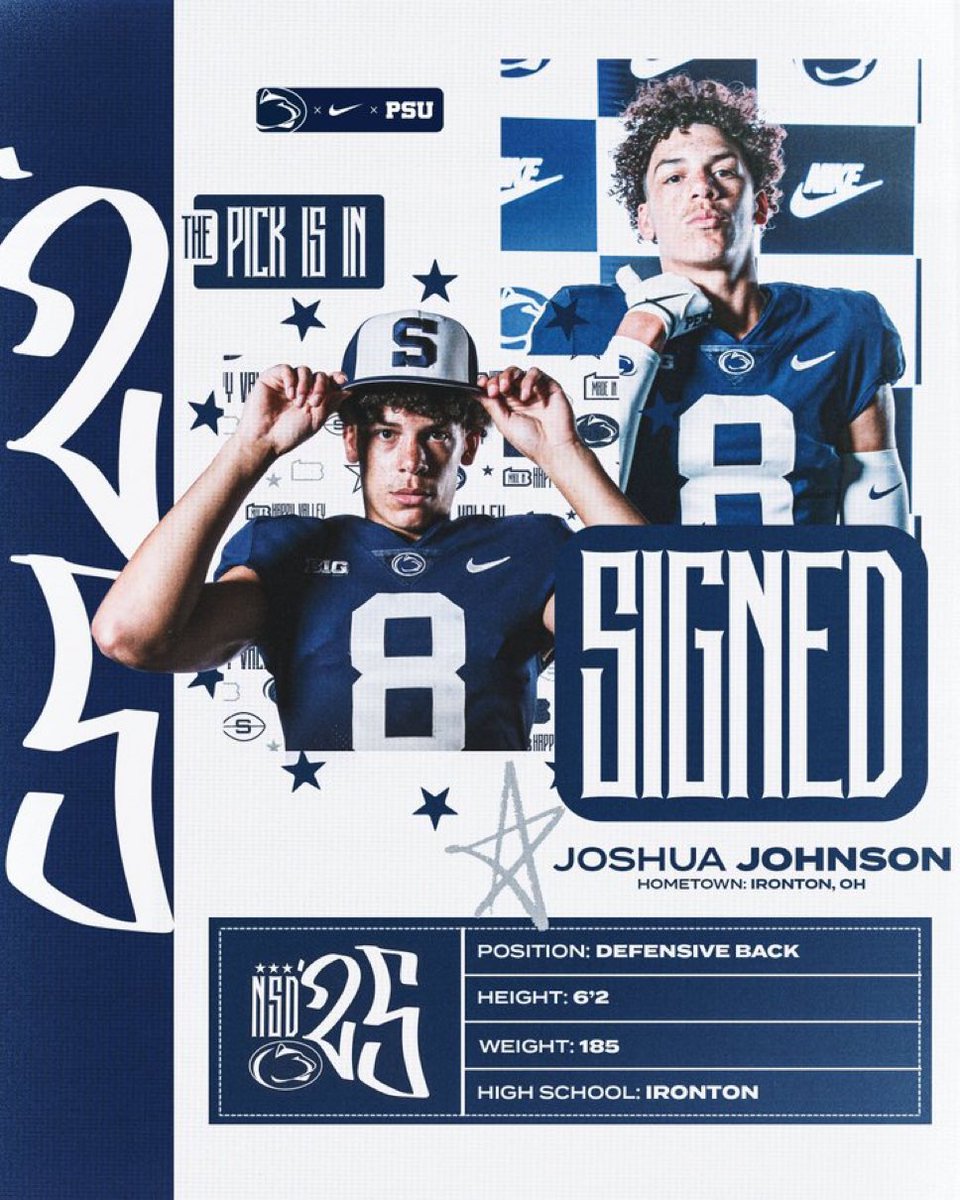 🦁OFFICIALLY SIGNED✍️

#PennState Football inks 3️⃣⭐️ DB Josh Johnson (<a href="/Josh_Makai9/">Joshua Johnson</a>) from <a href="/FootballIronton/">Ironton Football</a> in Ohio.

 👉 tinyurl.com/PSUNSD25