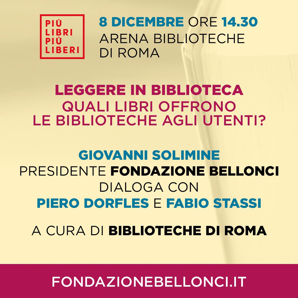 Leggere in biblioteca: quali libri offrono le biblioteche agli utenti?

🗓️Domenica 8 dicembre
🕛 Ore 14.30
📍Arena Biblioteche di Roma

Giovanni Solimine, autore del saggio «Leggere in biblioteca» (Editrice Bibliografica), dialogherà con Piero Dorfles e Fabio Stassi.
