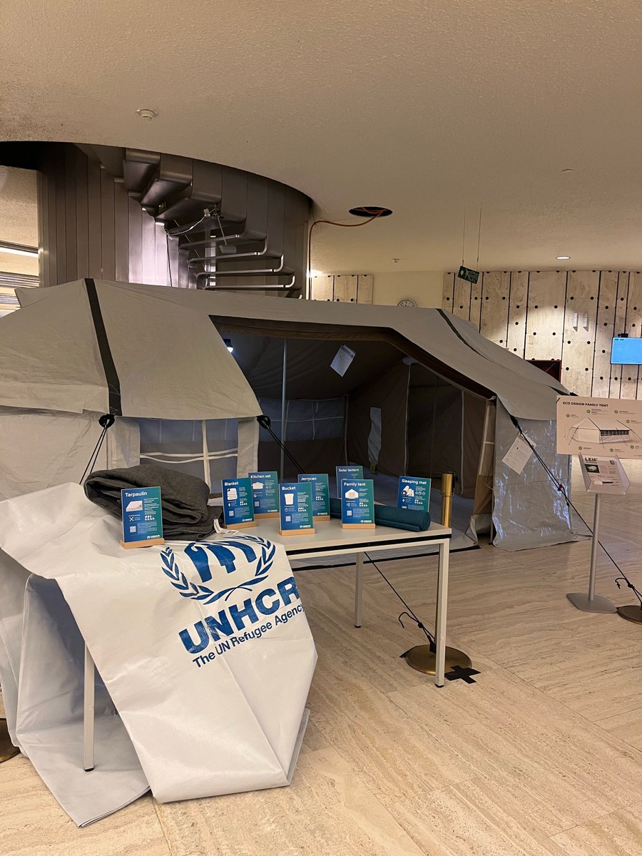 UNGeneva's tweet photo. A new exhibition at UN Geneva offers a captivating journey into the heart of @Refugees emergency response, shedding light on the materials commonly deployed in refugee camps that have been redesigned to minimize the environmental footprint of humanitarian assistance. https://t.co/dcPWGxTFpp