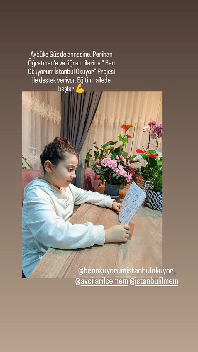 Aybike Güz de annesine , Perihan öğretmene ve öğrencilerine “Ben Okuyorum İstanbul Okuyor ”Projesi ile destek veriyor.Eğitim ailede başlar.📚
#benokuyorumistanbulokuyor 
<a href="/tcmeb/">Millî Eğitim Bakanlığı</a> 
<a href="/TC_istanbul/">TC İstanbul Valiliği</a> 
<a href="/gul_davut/">Davut GÜL</a> 
<a href="/istanbulilmem/">İstanbul İl Millî Eğitim Müdürlüğü</a> 
<a href="/MucahitYentur/">Murat Mücahit Yentür</a>