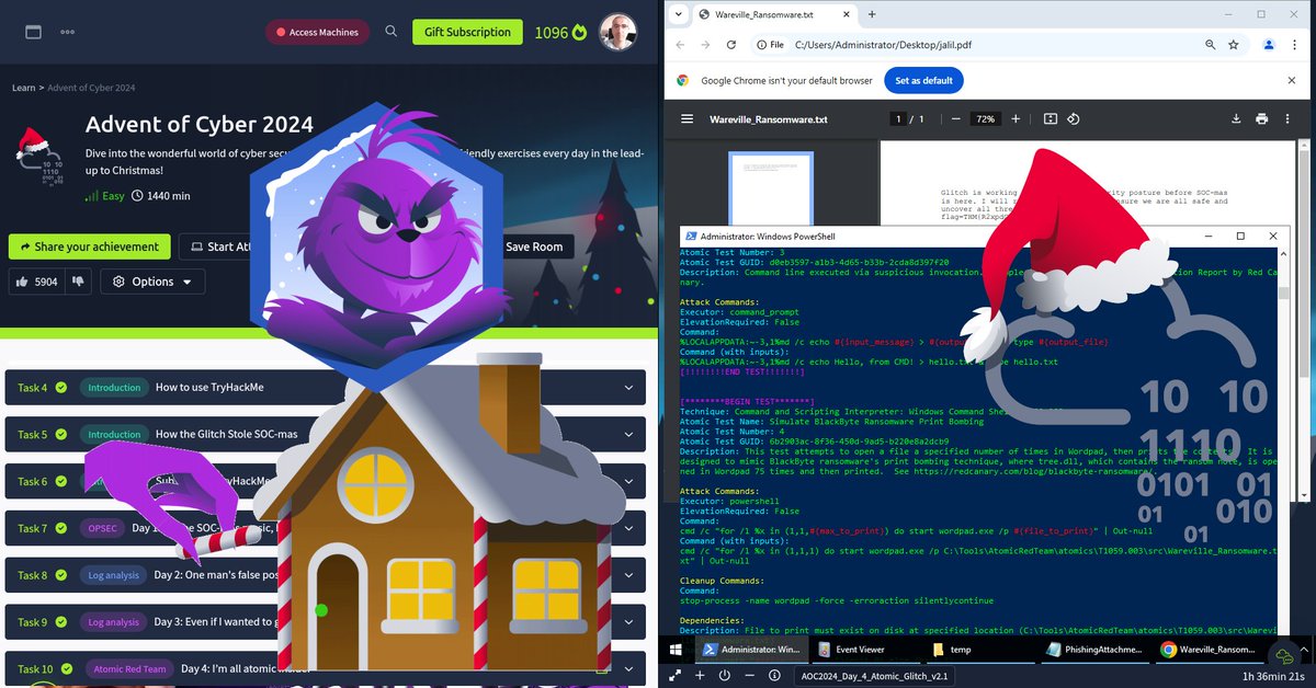 DjalilAyed's tweet image. 🎅 Day 4 🎅  of Advent of Cyber 2024 from @RealTryHackMe   just started.

🐧 🤖 Today is about MITRE ATT&amp;amp;CK framework and you get to  practice using Atomic Red Team tests by conducting simulation (Simulate BlackByte Ransomware Print Bombing) 🤖

#TryHackMe #AdventOfCyber #MITRE…