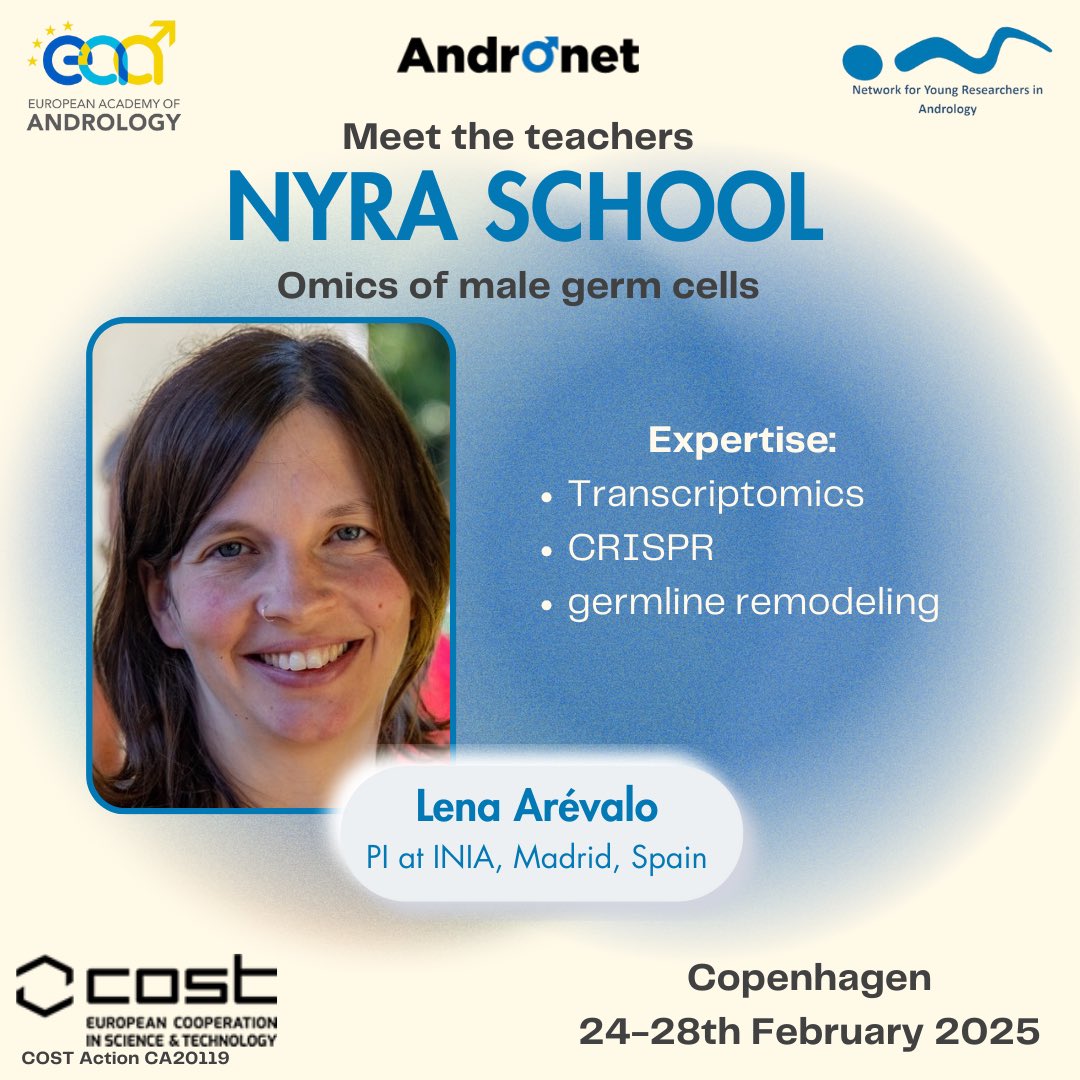 Network for Young Researchers in Andrology (@youngandrology) on Twitter photo Meet the faculty of the first NYRA-EAA-Andronet School in Omics
Read our interview with Dr. <a href="/lena_lueke/">Lena Arévalo (Lüke)</a> who will join us in Copenhagen and share her knowledge in transcriptomics🧬
nyra-youngresearch.eu/meet-the-nyra-…
<a href="/EAAndrology/">European Academy of Andrology</a> <a href="/AndronetScience/">COST CA20119 ANDRONET</a> Meet the faculty of the first NYRA-EAA-Andronet School in Omics
Read our interview with Dr. <a href="/lena_lueke/">Lena Arévalo (Lüke)</a> who will join us in Copenhagen and share her knowledge in transcriptomics🧬
nyra-youngresearch.eu/meet-the-nyra-…
<a href="/EAAndrology/">European Academy of Andrology</a> <a href="/AndronetScience/">COST CA20119 ANDRONET</a>