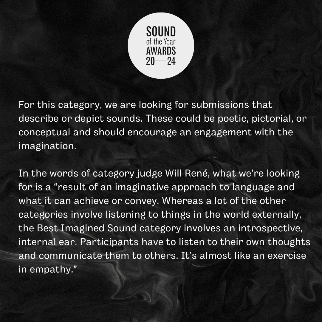 Sound of the Year Awards (@sound_awards) on Twitter photo For our Best Imagined Sound category we’ve partnered with <a href="/natpoetrylib/">National Poetry Library</a> to celebrate submissions that describe or depict sounds. These could be poetic, pictorial, or conceptual and should encourage an engagement with the imagination.
Submit here: forms.gle/miMt42cBokpcMz… For our Best Imagined Sound category we’ve partnered with <a href="/natpoetrylib/">National Poetry Library</a> to celebrate submissions that describe or depict sounds. These could be poetic, pictorial, or conceptual and should encourage an engagement with the imagination.
Submit here: forms.gle/miMt42cBokpcMz…