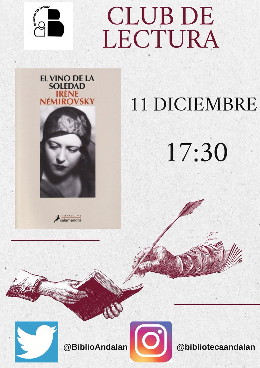 Biblioteca IES Andalán (@biblioandalan) on Twitter photo RECORDATORIO. Club de lectura <a href="/IES_Andalan/">IES Andalán</a>. 11diciembre, 17;30. El vino de la soledad, de I.Némirovsky. Una de las grandes autoras del s.XX.
<a href="/InnovaEducAr/">InnovaEducAr</a> <a href="/RedEvolucionAr/">RedEvolucion</a> <a href="/C_ComunicativAr/">Competencia Comunicativa Aragón 2024</a> <a href="/dgafprofesorado/">F. Prof. Aragón</a> RECORDATORIO. Club de lectura <a href="/IES_Andalan/">IES Andalán</a>. 11diciembre, 17;30. El vino de la soledad, de I.Némirovsky. Una de las grandes autoras del s.XX.
<a href="/InnovaEducAr/">InnovaEducAr</a> <a href="/RedEvolucionAr/">RedEvolucion</a> <a href="/C_ComunicativAr/">Competencia Comunicativa Aragón 2024</a> <a href="/dgafprofesorado/">F. Prof. Aragón</a>
