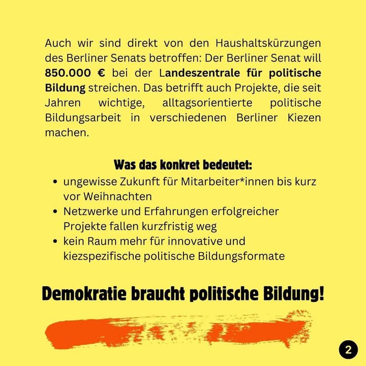 demokratiemahe's tweet photo. Via pad gGmbH: 
❌ Haushaltskürzungen bei der Landeszentrale für politische Bildung verhindern! ❌

Auch unser Projekt "Platte machen für Hohenschönhausen" ist von Kürzungen bedroht.

Wir sagen:
Demokratie braucht politische Bildung! https://t.co/rXL8KFWasD