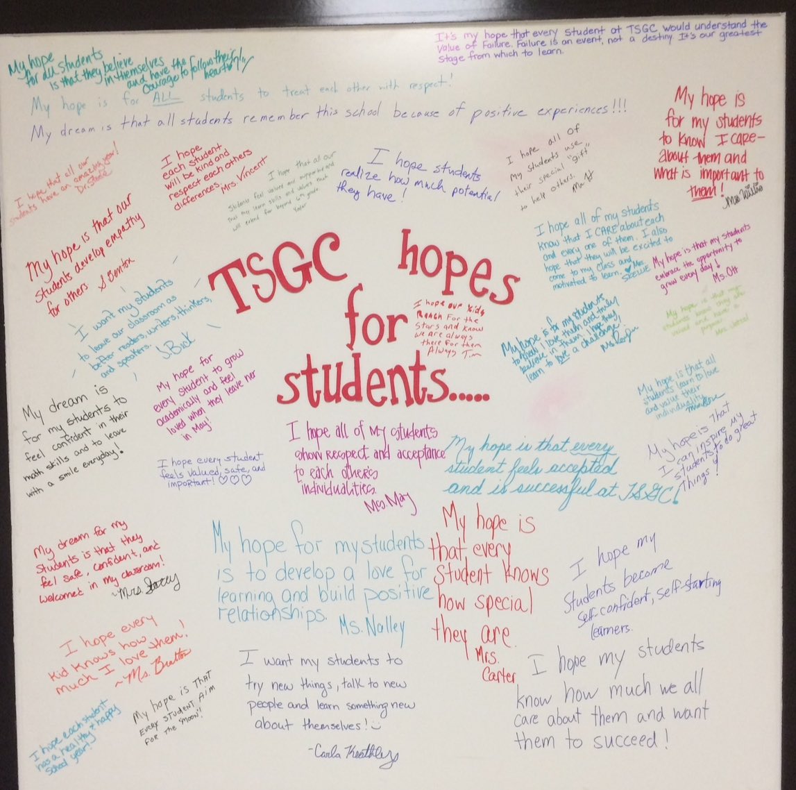 At one of our schools, all our staff members wrote their hopes for our students on this board. This was right outside the main office. It reminded all of us of our WHY.  And it communicated to students and parents what we truly care about.