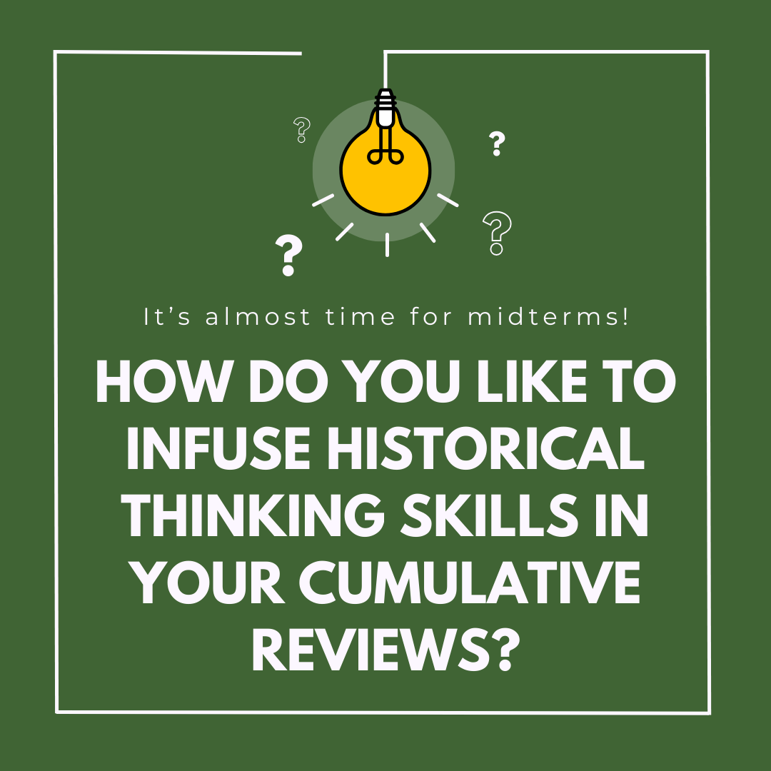 ❄️ Brace yourself! Midterms are coming!

✍️ How do you like to infuse historical thinking skills in your cumulative reviews so that student remember more content and prepare for skill-based assessments?

#patacognition #socialstudies