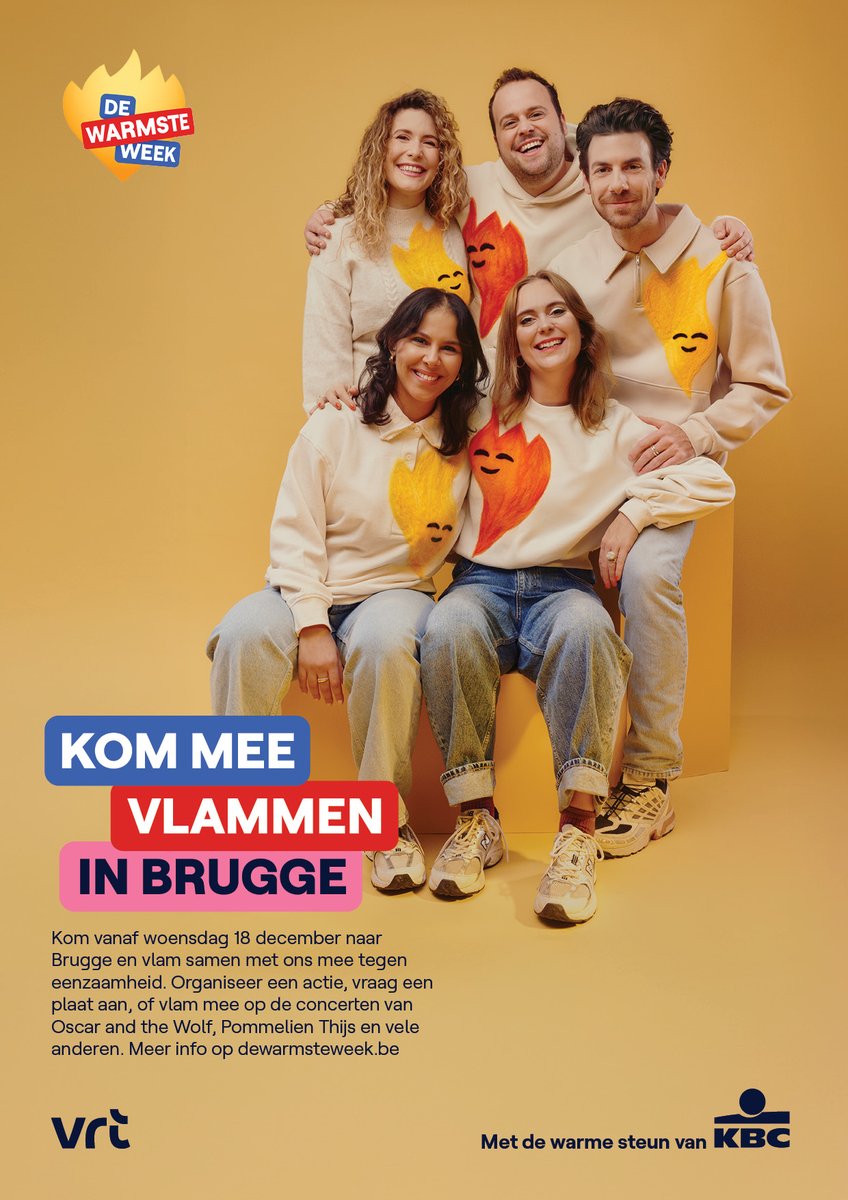 olafmeuleman's tweet image. Om de presentatoren en ambassadeurs aan te kondigen, maakten we de warmste truien. Op elke trui een halve vlam, die je samen volledig maakt. Kortom, samen vlammen tegen eenzaamheid. Heel blij mee. #dewarmsteweek #vrt #vrtcreative