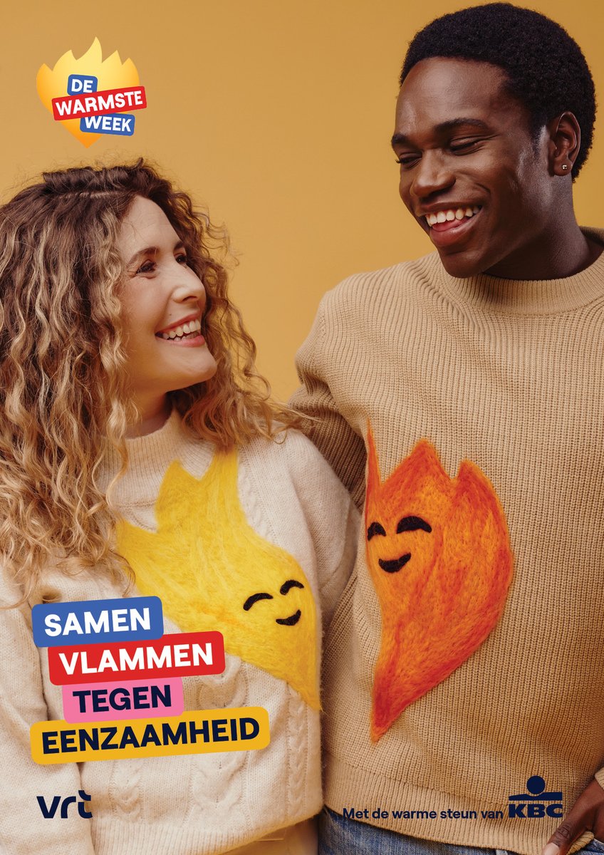 olafmeuleman's tweet image. Om de presentatoren en ambassadeurs aan te kondigen, maakten we de warmste truien. Op elke trui een halve vlam, die je samen volledig maakt. Kortom, samen vlammen tegen eenzaamheid. Heel blij mee. #dewarmsteweek #vrt #vrtcreative