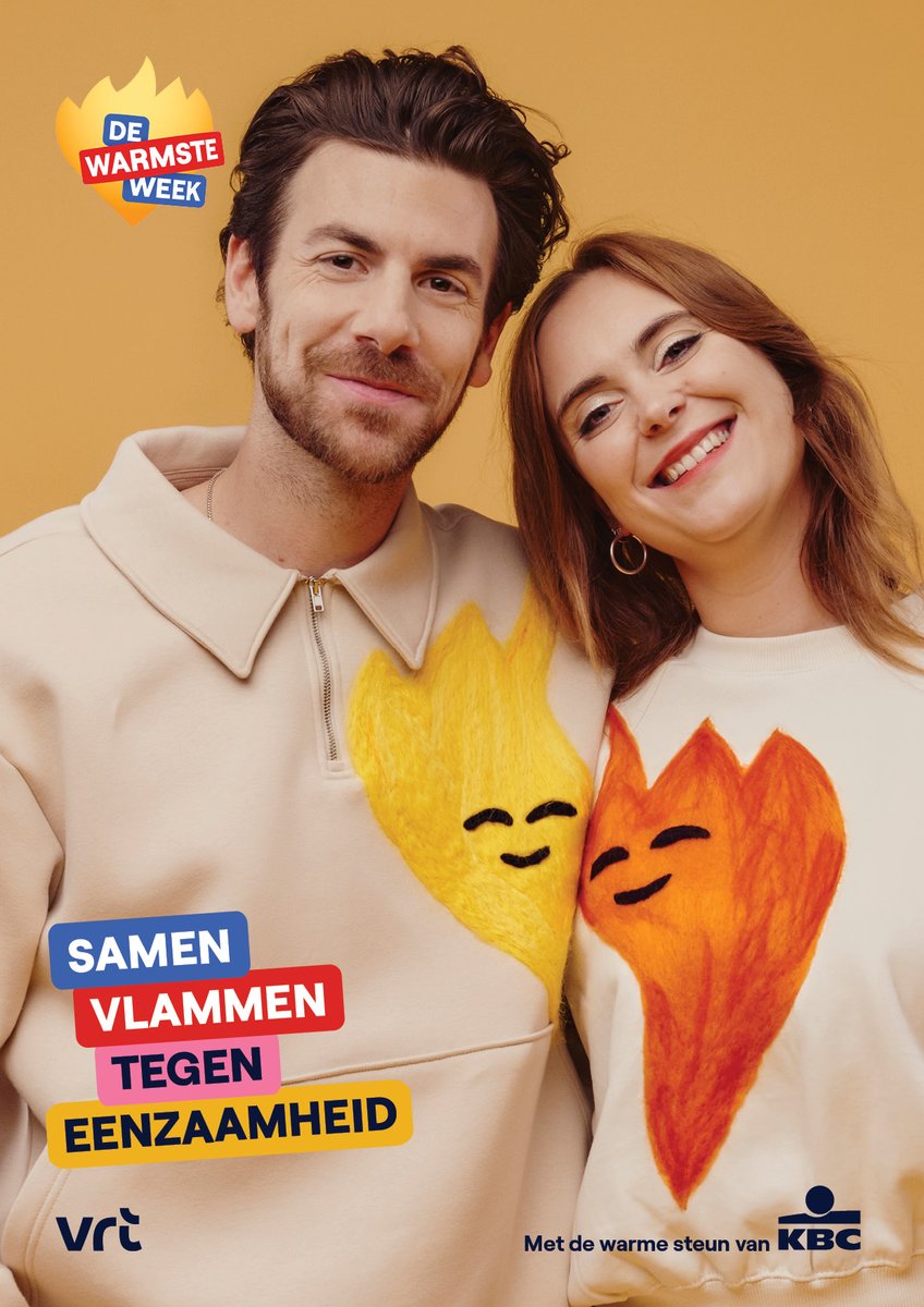 olafmeuleman's tweet image. Om de presentatoren en ambassadeurs aan te kondigen, maakten we de warmste truien. Op elke trui een halve vlam, die je samen volledig maakt. Kortom, samen vlammen tegen eenzaamheid. Heel blij mee. #dewarmsteweek #vrt #vrtcreative