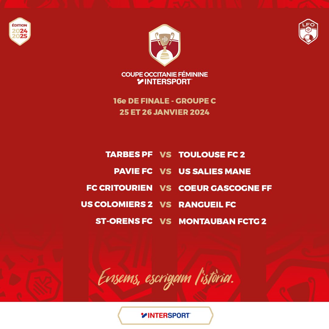 Ligue de Football d'Occitanie (@liguefootlfo) on Twitter photo ๐.๐ ๐๐ง๐ญ๐๐ซ๐ฌ๐ฉ๐จ๐ซ๐ญ ๐
๐ฬ๐ฆ๐ข๐ง๐ข๐ง๐ : ๐๐๐ฌ ๐๐๐๐ข๐๐ก๐๐ฌ ๐๐๐ฌ ๐๐๐๐ฌ ๐โฝ๏ธ
Le tirage des 16es de la Coupe Occitanie Intersport Fรฉminine ont eu lieu ce jour. Retrouvez les rencontres qui se dรฉrouleront le week-end du ย 25 et 26 janvier 2024. ๐.๐ ๐๐ง๐ญ๐๐ซ๐ฌ๐ฉ๐จ๐ซ๐ญ ๐
๐ฬ๐ฆ๐ข๐ง๐ข๐ง๐ : ๐๐๐ฌ ๐๐๐๐ข๐๐ก๐๐ฌ ๐๐๐ฌ ๐๐๐๐ฌ ๐โฝ๏ธ
Le tirage des 16es de la Coupe Occitanie Intersport Fรฉminine ont eu lieu ce jour. Retrouvez les rencontres qui se dรฉrouleront le week-end du ย 25 et 26 janvier 2024.