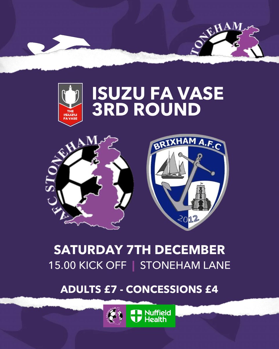 afc_stoneham's tweet photo. Isuzu FA Vase | 

On Saturday we welcome @BrixhamAFC to Stoneham Lane for our 3rd round tie. 

With Saints and Eastleigh away from home come down and support The Purps! 

#UpThePurps ⚽️💜 https://t.co/ld1VHdqsTD