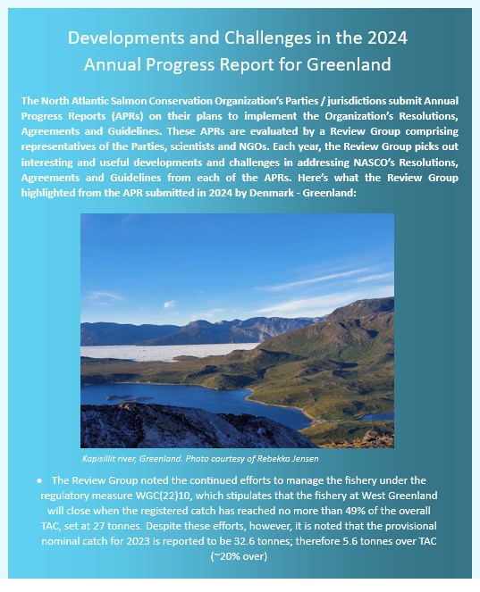 NASCO’s contracting Parties and jurisdictions submit Annual Progress Reports (APRs) on their plans to implement the Organization’s Resolutions, Agreements and Guidelines. These APRs are critically evaluated by a Review Group comprising members of the Parties, scientists  and NGOs