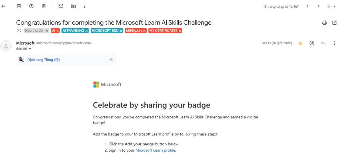 iamnkimngan3883's tweet photo. 🥳🎉 Congratulations, I’ve completed the Microsoft Learn AI Skills Challenge and earned a digital badge! 🤖🚀🪄

@MicrosoftLearn
#AI
#AISkills
#Challenge
#MicrosoftLearnAISkillsChallenge https://t.co/BxO4HYEtqR