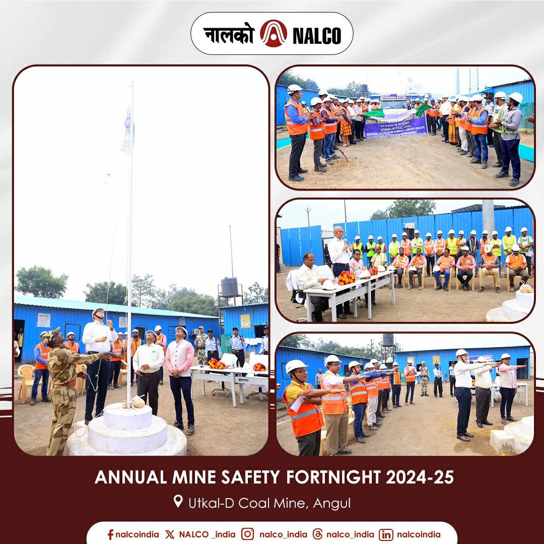 NALCO_India's tweet photo. #AnnualMinesSafetyFortnight 2024-25 at #Nalco's Utkal-D Coal Mine, Angul! The celebration began with the unfurling of the Safety Flag, a pledge, a rally, and the distribution of safety SoPs to all our workmen.  @kishanreddybjp @satishdubeyy @minesminindia https://t.co/iHT2JO393c