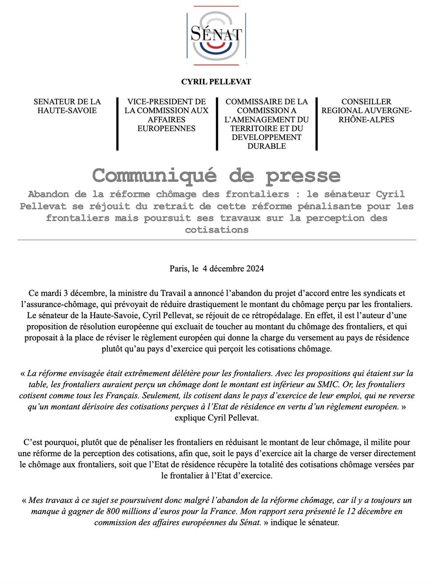 Bonne nouvelle pour les #frontaliers avec l’abandon du projet du #chômage pour ces derniers.
Je reste mobilisé pour un système plus équitable !

#Europe #Sénat