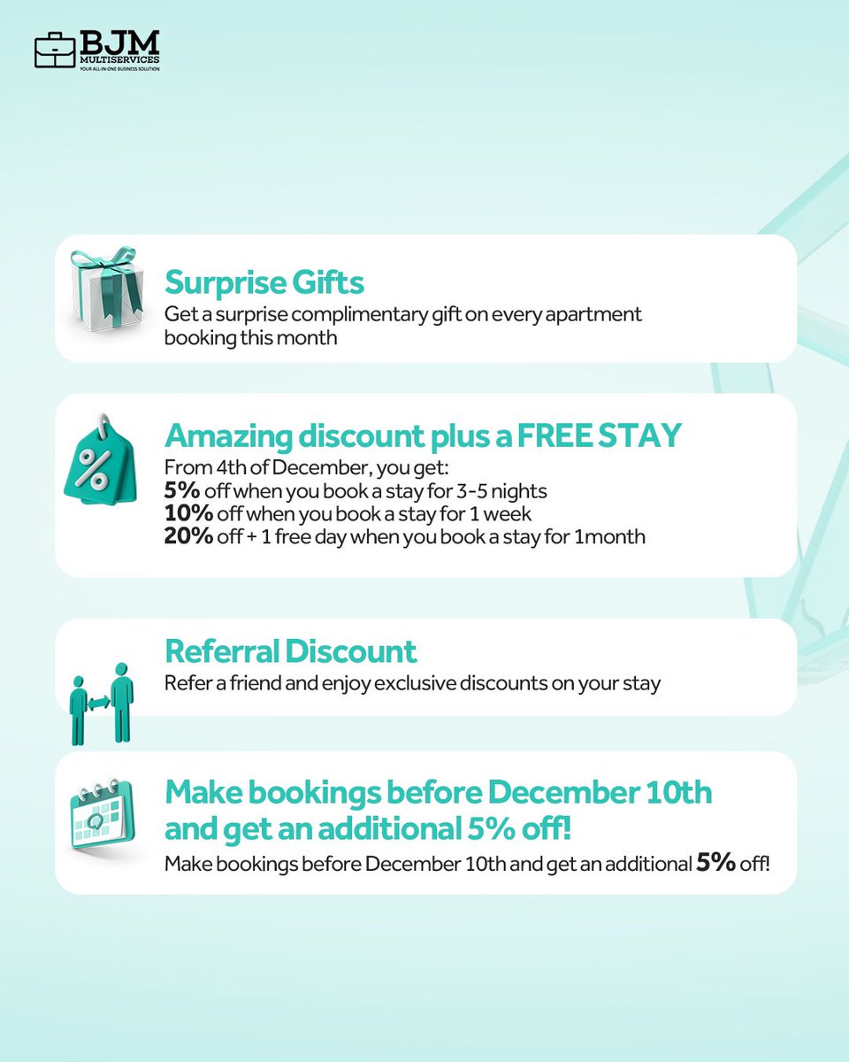 Bjmmultiservice's tweet photo. For the entire month of December, every booking in our apartments comes with all these goodies 👇😎

Don’t miss out - start making your bookings now before spaces run out!

DM us to book NOW!📌

#Bjmmultiservices #ʙᴏᴏᴋɴᴏᴡ #shortlet #holidayoffers #shortletslagos https://t.co/XawxXyHStB