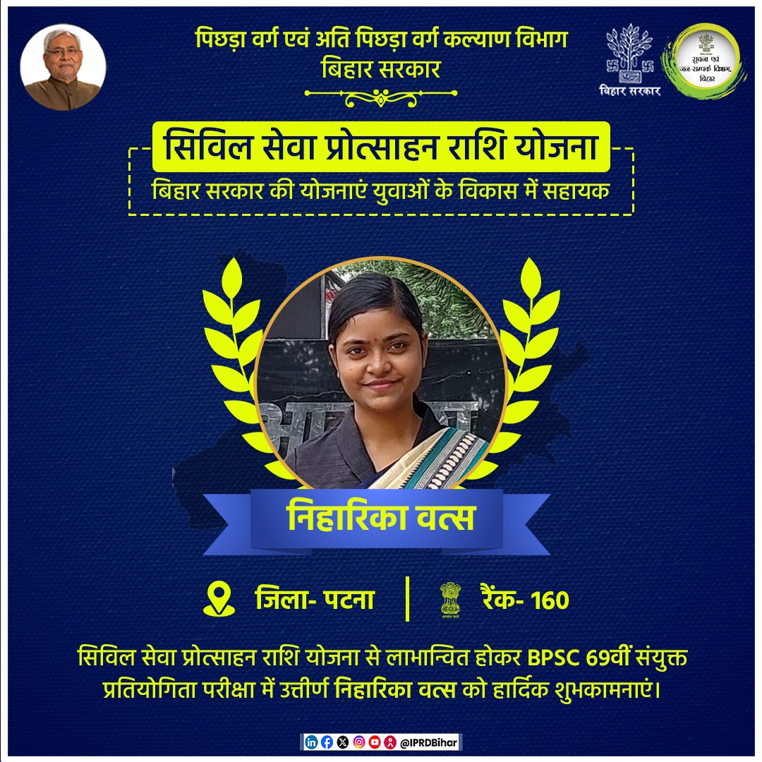 BC_EBC_Bihar's tweet photo. सिविल सेवा प्रोत्साहन राशि योजना से लाभान्वित होकर BPSC 69वीं संयुक्त प्रतियोगिता परीक्षा में सफल निहारिका वत्स को हार्दिक बधाई एवं शुभकामनाएं ।
https://t.co/Re2533Yjz3
#69bpsc 
#competition
#inspiration 
#BPSC
#BiharBCAndEBCWelfareDept https://t.co/YRicyOCjGq