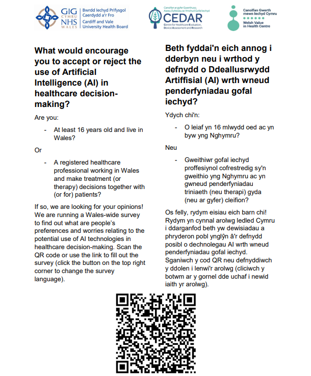 CEDAR (@cedar_cardiff) on Twitter photo We are conducting a study looking at how AI should be implemented in healthcare in Wales. 🖥️
If you live in Wales or work as a healthcare professional in Wales, then we want to hear from you.
cedar.nhs.wales/images/study-a…
<a href="/Valuein_Health/">Welsh Value in Health Centre</a> <a href="/DHCWales/">Digital Health and Care Wales</a> <a href="/BCS_South_Wales/">BCS South Wales</a> <a href="/lshubwales/">Life Sciences Hub Wales</a> We are conducting a study looking at how AI should be implemented in healthcare in Wales. 🖥️
If you live in Wales or work as a healthcare professional in Wales, then we want to hear from you.
cedar.nhs.wales/images/study-a…
<a href="/Valuein_Health/">Welsh Value in Health Centre</a> <a href="/DHCWales/">Digital Health and Care Wales</a> <a href="/BCS_South_Wales/">BCS South Wales</a> <a href="/lshubwales/">Life Sciences Hub Wales</a>
