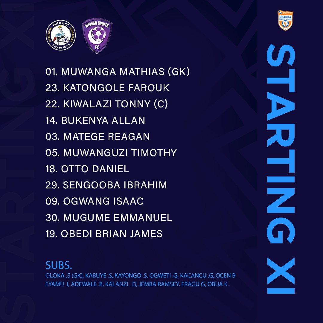 UgPoliceFC's tweet image. #TeamLineUp: Ssengooba handed his debut, Muwanga back in goal. These are the Cops selected for Wakiso Giants.

#WeAreCops || #PlayToServe || #POLWAK