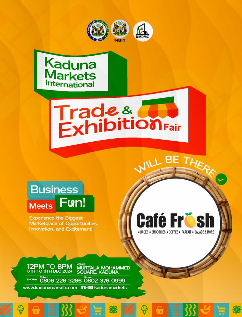 TeeMeeNorth's tweet photo. Daga laraba za a san juma'a mai kyau!

If you're a lover of 100% freshly made Juice, Parfait, Coffee, Smoothies, Salads, Granola and Healthy Bowls; visit @CafeFrosh at the Trade and Exhibition Fair 🤝 https://t.co/Cu3DHG8o7Z