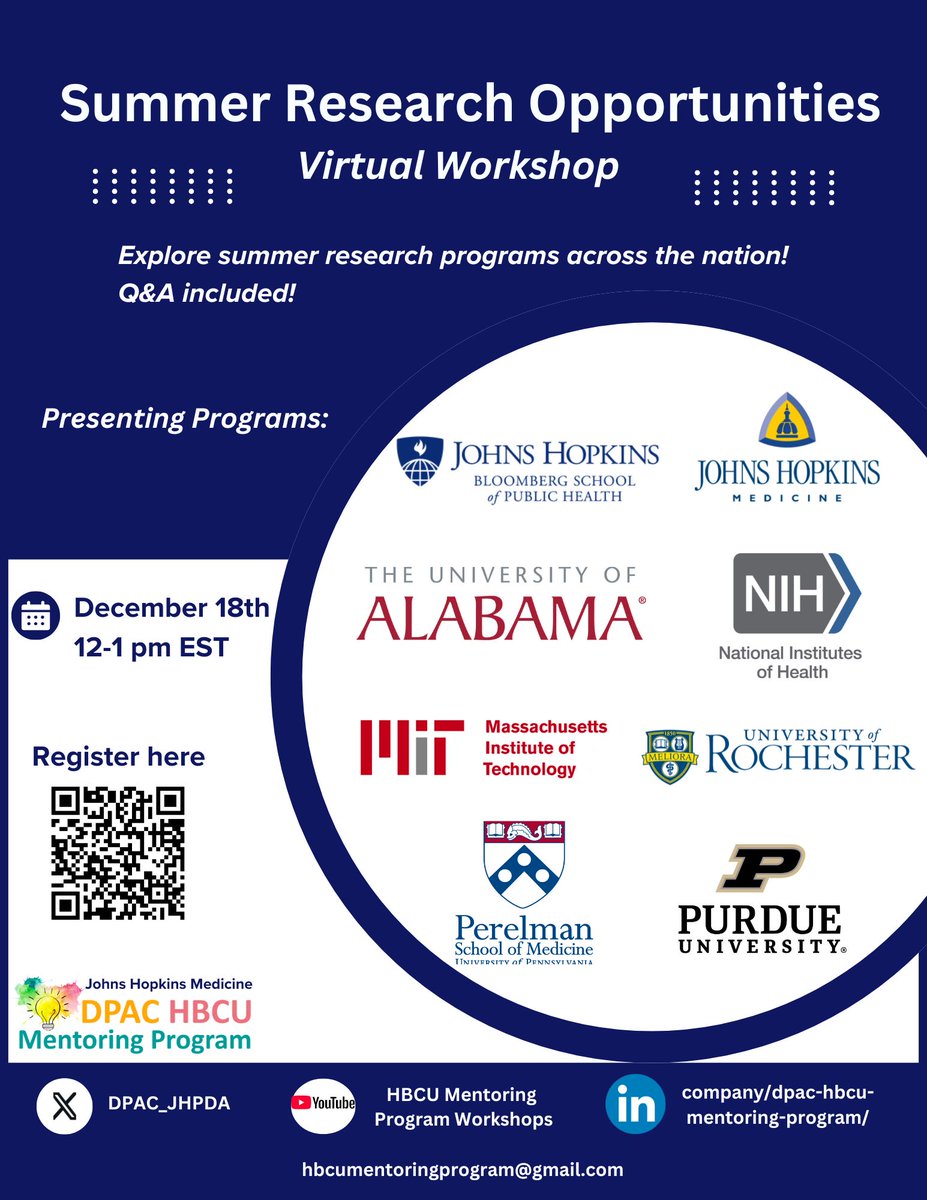 Learn about summer programs at <a href="/HopkinsMedicine/">Johns Hopkins Medicine</a> <a href="/JohnsHopkinsSPH/">Johns Hopkins Bloomberg School of Public Health</a> and other institutions nationwide. Register here: tinyurl.com/ehnmfhks All HBCU and MSI students welcome!