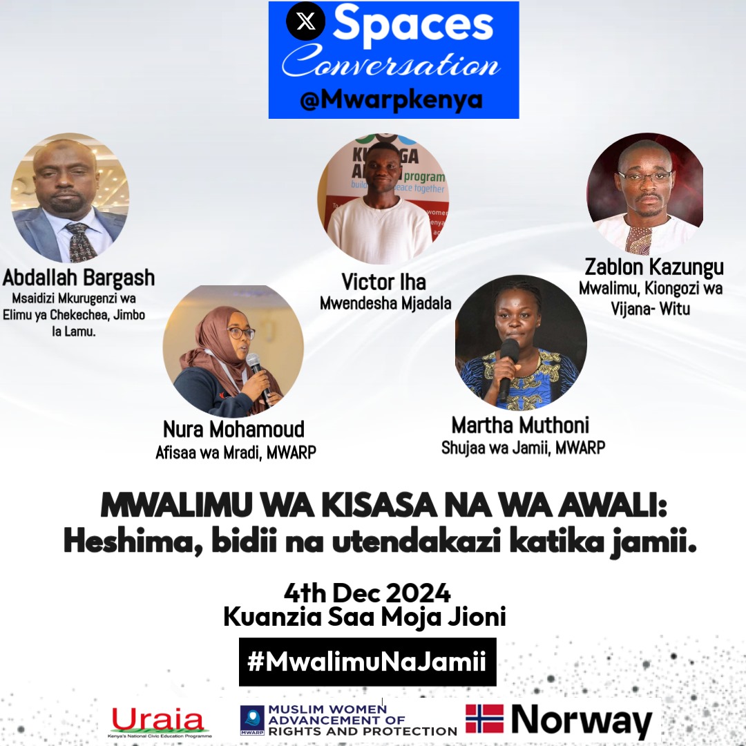 Victor Iha (KIMANI) (@ihavictor) on Twitter photo Siku ni leo! Mdahalo wa #MwalimuNaJamii utaanza saa moja jioni. Usikose kujiunga na wazungumzaji wakuu ili ujifunze zaidi kuhusiana na mada hii.
<a href="/NuraHassan345/">Nura Hassan</a> <a href="/brxslime/">Slime👑</a> <a href="/barbaramanuni/">Barbara Manuni</a> <a href="/damateresia8/">Teresia Dama</a> <a href="/Muthoni_Martha_/">Muthoni Martha Ms.President Sn2 County 005</a> <a href="/barghash143/">barghash143</a> <a href="/JumaPambajuma61/">pamba juma</a> <a href="/Shamir2Edwine/">0️⃣0️⃣1️⃣ Activist 🇰🇪</a> <a href="/x_shamsa_/">Shamsa Awadh</a> Siku ni leo! Mdahalo wa #MwalimuNaJamii utaanza saa moja jioni. Usikose kujiunga na wazungumzaji wakuu ili ujifunze zaidi kuhusiana na mada hii.
<a href="/NuraHassan345/">Nura Hassan</a> <a href="/brxslime/">Slime👑</a> <a href="/barbaramanuni/">Barbara Manuni</a> <a href="/damateresia8/">Teresia Dama</a> <a href="/Muthoni_Martha_/">Muthoni Martha Ms.President Sn2 County 005</a> <a href="/barghash143/">barghash143</a> <a href="/JumaPambajuma61/">pamba juma</a> <a href="/Shamir2Edwine/">0️⃣0️⃣1️⃣ Activist 🇰🇪</a> <a href="/x_shamsa_/">Shamsa Awadh</a>