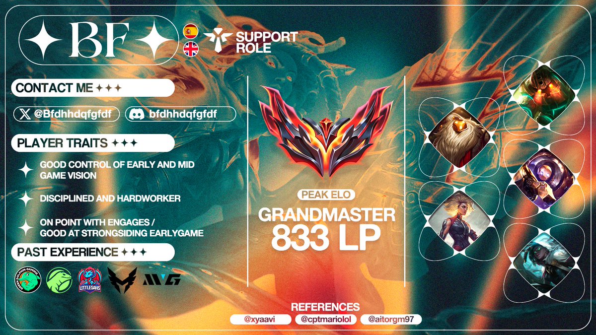 🇬🇧 Split ending soon so @/LittleSansTeam allowed me to start exploring options for the next one, mostly interested in ERL2 to keep progressing as a player
VODs available, DMs open

🇪🇸 Principalmente interesado en Nexo y poder trabajar y aprender en el proyecto

RTs ❤️

OPGG ⬇️