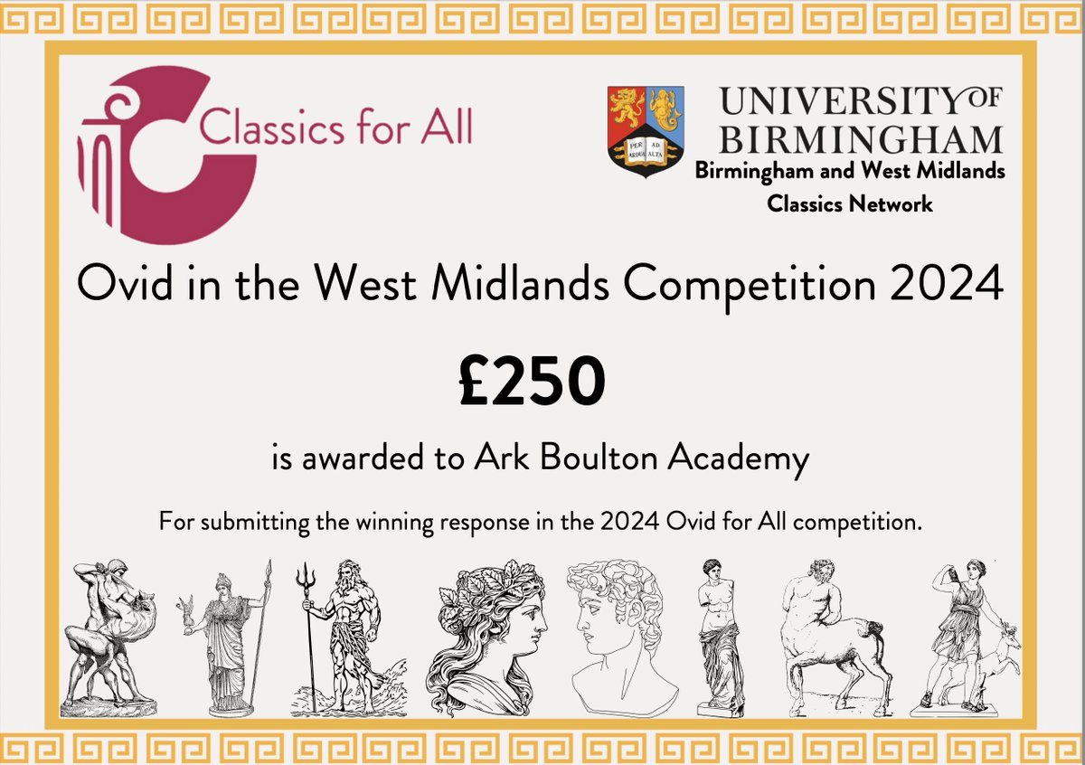 Birmingham and West Midlands Classics Network (@wmidclassicshub) on Twitter photo In additional to the individual prizes, <a href="/ArkBoulton/">Ark Boulton</a> also receives a £250 book voucher to spend at the <a href="/HellenicBooks/">Hellenic Bookservice</a> - hopefully inspiring even more pupils to get involved with mythology competitions in the years to come!
<a href="/classicsforall/">Classics for All</a> <a href="/CAHA_UoB/">CAHA UoB</a> In additional to the individual prizes, <a href="/ArkBoulton/">Ark Boulton</a> also receives a £250 book voucher to spend at the <a href="/HellenicBooks/">Hellenic Bookservice</a> - hopefully inspiring even more pupils to get involved with mythology competitions in the years to come!
<a href="/classicsforall/">Classics for All</a> <a href="/CAHA_UoB/">CAHA UoB</a>