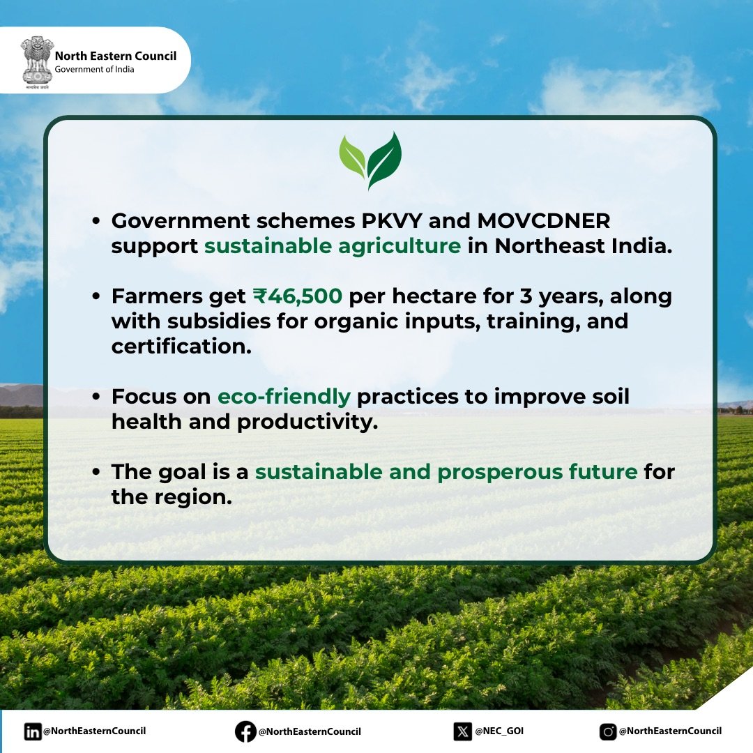 NEC_GoI's tweet photo. The PKVY & MOVCDNER schemes are here to revolutionize farming across the North East by promoting organic farming and sustainable practices.
Let's build a sustainable farming future for the North East! 🌾🌿
#OrganicFarming #SustainableAgriculture #PKVY #MOVCDNER #NorthEastIndia https://t.co/dLZ3uhKeZk