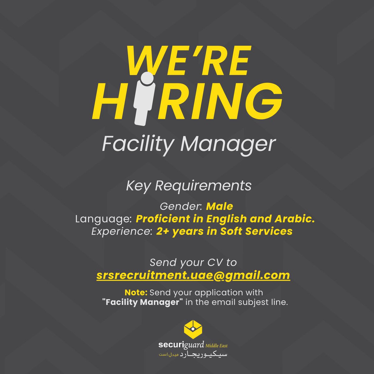 SecuriguardME's tweet photo. 𝐖𝐞’𝐫𝐞 𝐇𝐢𝐫𝐢𝐧𝐠!

Join our team at SecuriGuard Middle East and take the next step in your career!
💼 Multiple roles available!
📧 Send your CV to srsrecruitment.uae@gmail.com with the position title in the subject line.
🌟 Apply now and grow with us!
 #UAEHiring https://t.co/tH0RQmHecJ