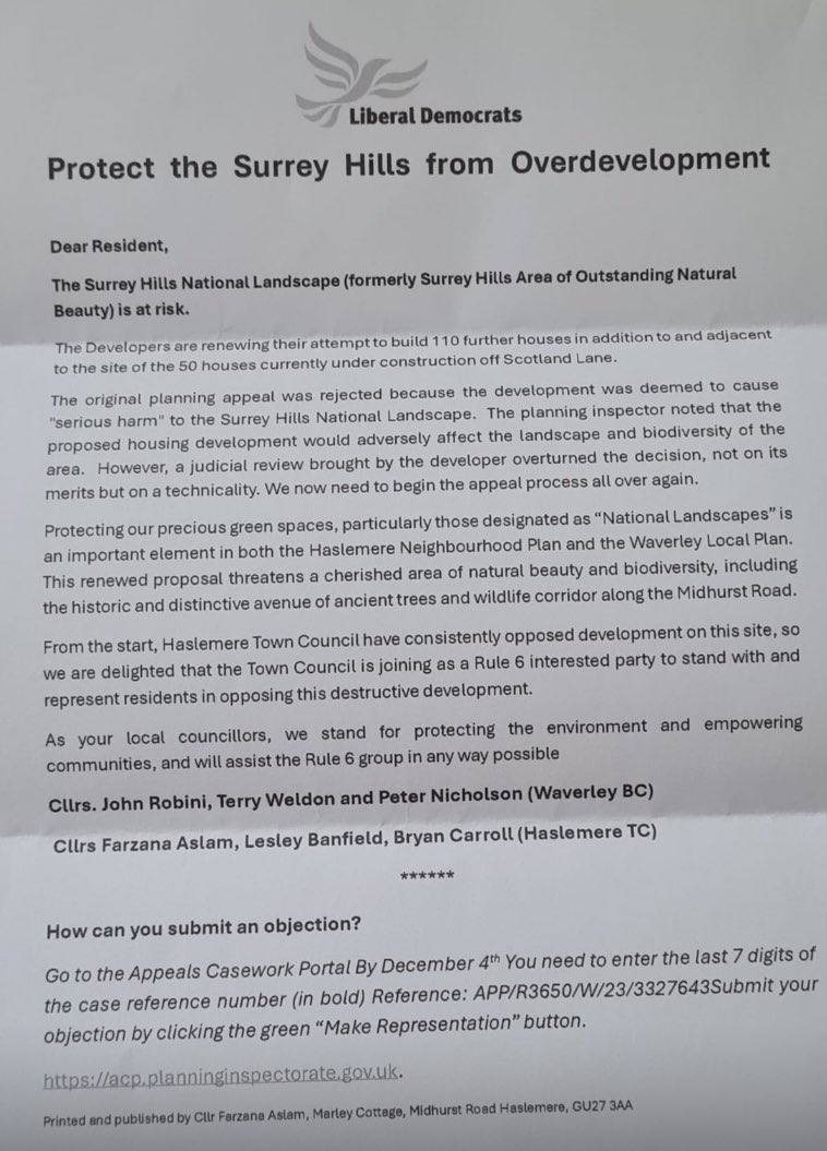 HaslemereSouth's tweet photo. Local residents may have received this excellent letter. #workingtogether #teamprotect #waverleybc https://t.co/kSOXEMtBeG