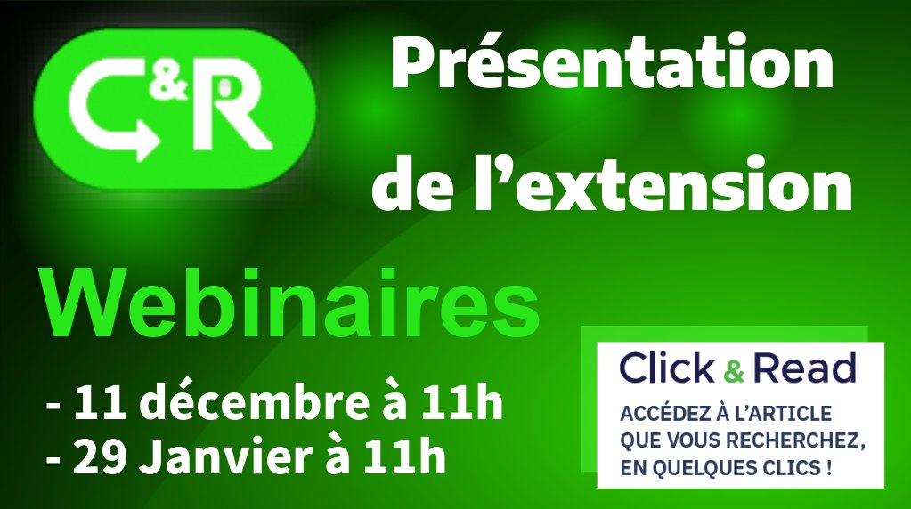 ClickandRead (@_clickandread) on Twitter photo Prochains webinaires de présentation de #ClickandRead <a href="/INIST_CNRS/">CNRS Inist</a> :
✳️Mercredi 11 Décembre à 11h
✳️Mercredi 29 Janvier à 11h
Toujours pour débutants ou utilisateurs avertis, et toujours sans inscription😉
+ d'infos : inist.fr/services/accom… Prochains webinaires de présentation de #ClickandRead <a href="/INIST_CNRS/">CNRS Inist</a> :
✳️Mercredi 11 Décembre à 11h
✳️Mercredi 29 Janvier à 11h
Toujours pour débutants ou utilisateurs avertis, et toujours sans inscription😉
+ d'infos : inist.fr/services/accom…