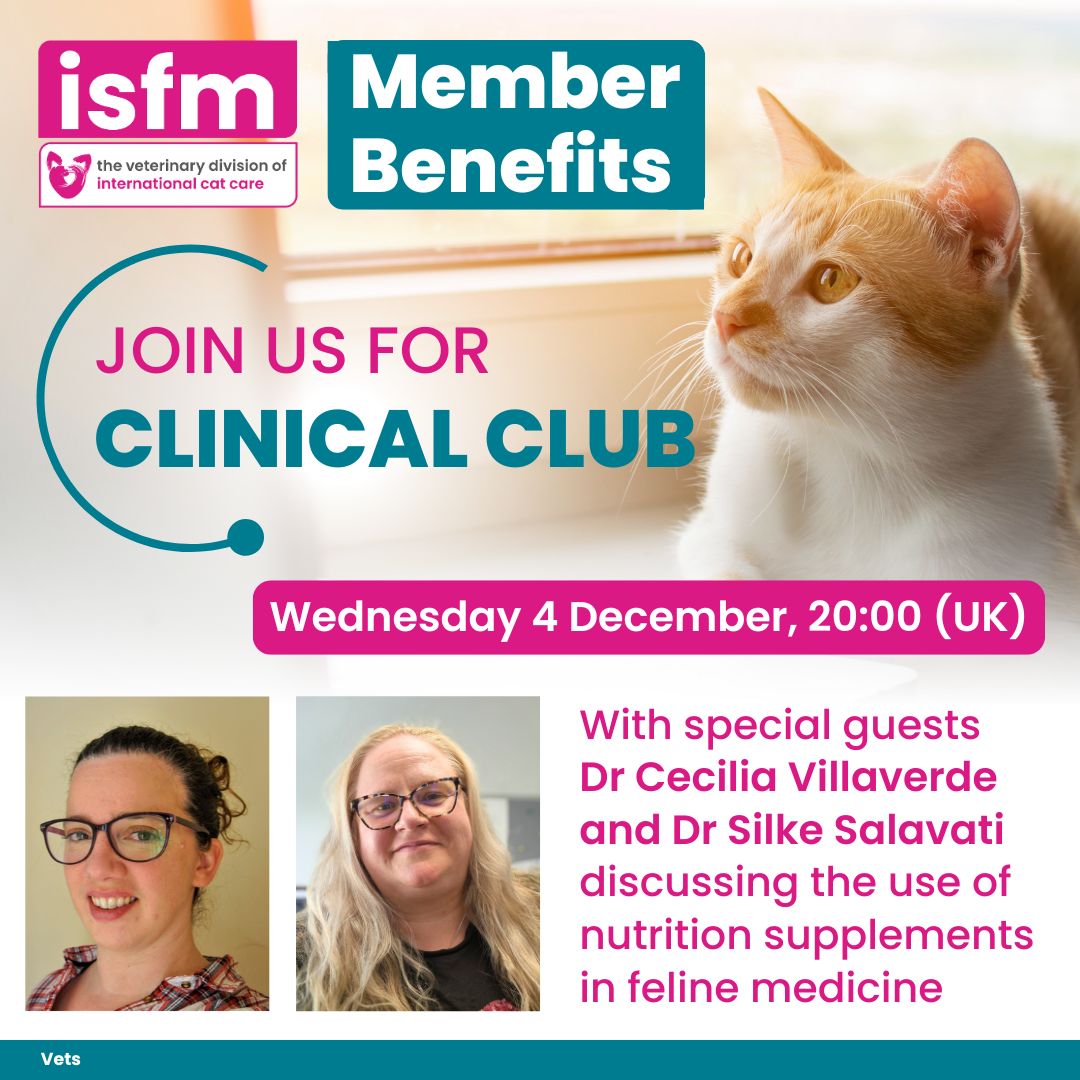 Vet Members! 👩‍💻 #ClinicalClub is tonight! Cecilia Villaverde and Silke Salavati join us to talk about the use of nutrition supplements in feline medicine. Check your memberships emails or the forum for how to join.

Membership 👉 icatcare.org/veterinary/isf…